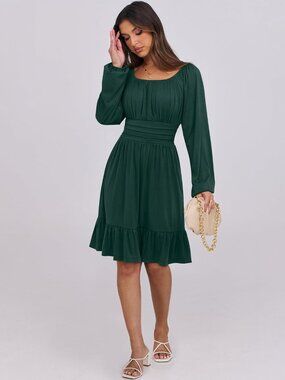 Women's Green Long Lantern Sleeve Waist Ruffle Flowy Swing A-Line Short Dress